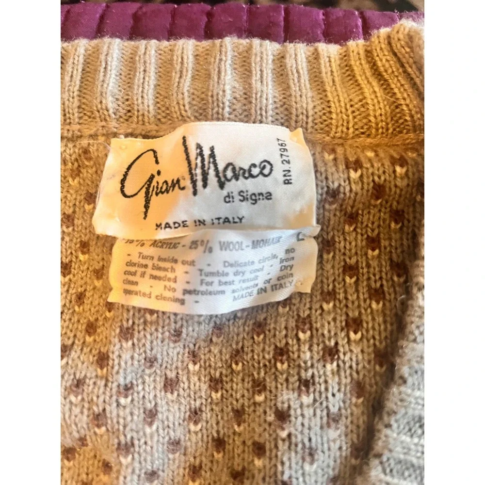 Gian Marco di Signa Italian‎ Knit V-Neck Sweater Textured Pattern Tan Brown